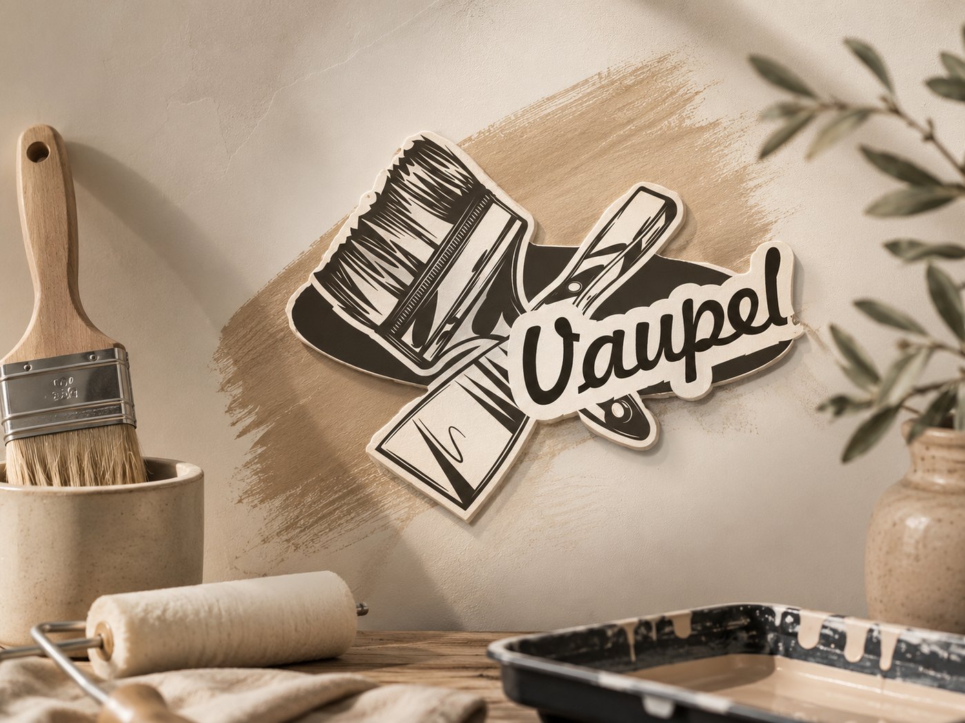 Malerbetrieb Vaupel Logo mit Malerwerkzeug und warmer Wandgestaltung